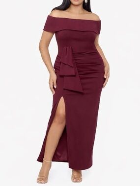 Xscape | Plus Camila Long off‎ the Shoulder Slit Gown.